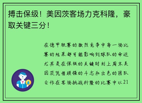 搏击保级！美因茨客场力克科隆，豪取关键三分！