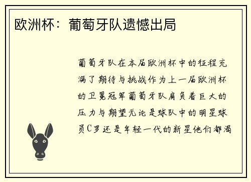 欧洲杯：葡萄牙队遗憾出局