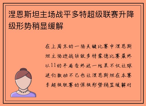 涅恩斯坦主场战平多特超级联赛升降级形势稍显缓解